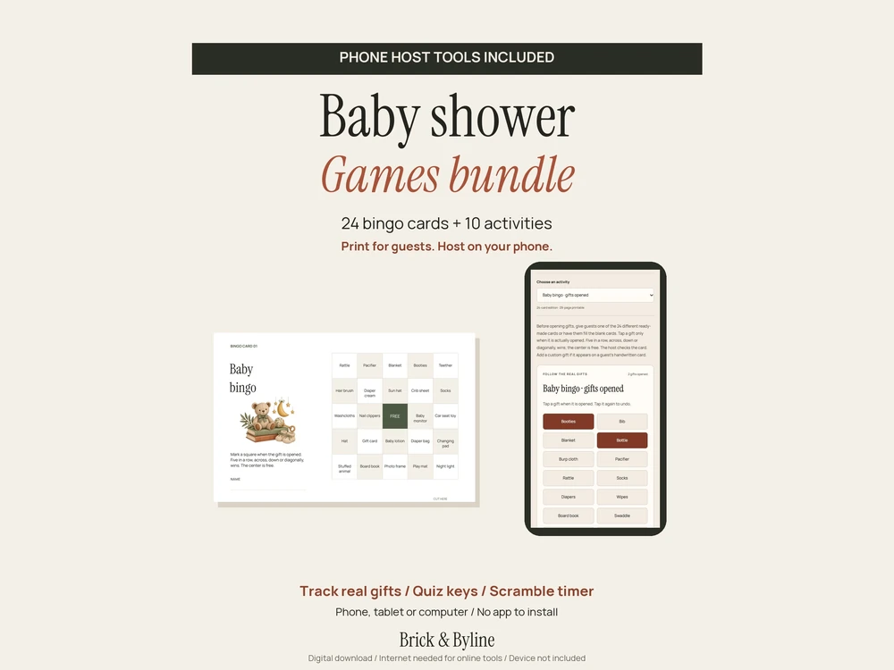 Baby Shower printable bundle beside its phone companion, with 24 gift Bingo cards and ten activities.