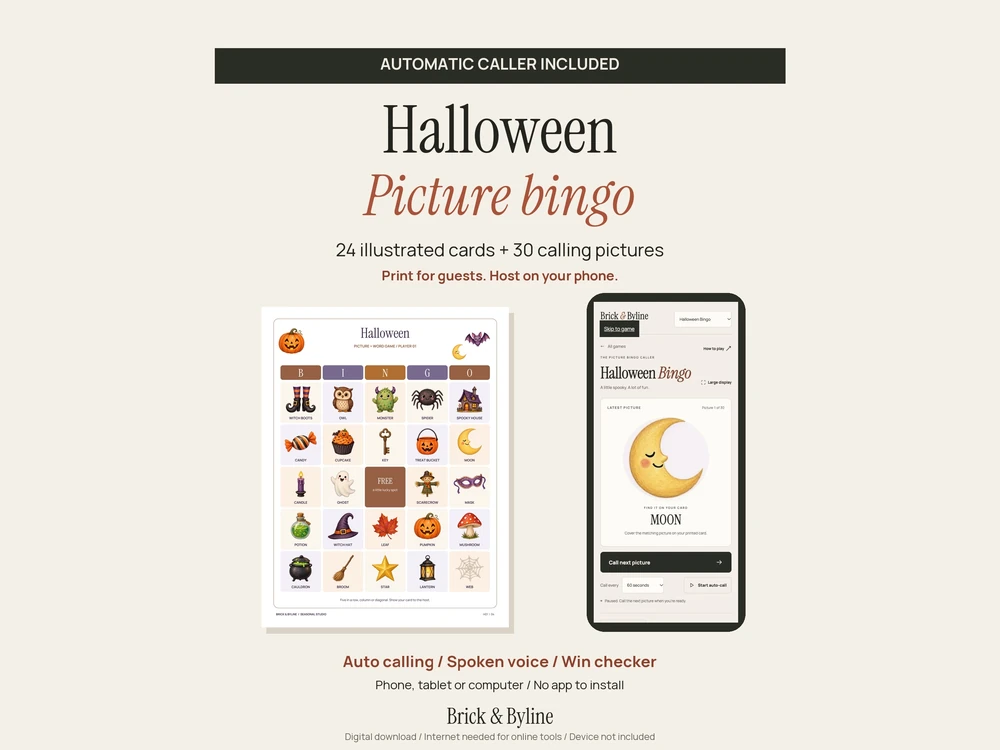 An illustrated Halloween Bingo card beside its matching phone caller, with automatic calls, optional speech and a win checker.